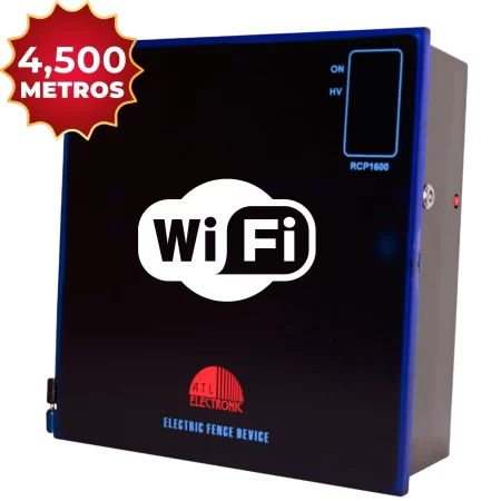Energizador de cerca eléctrica con WIFI ATL ELECTRONIC, cubre hasta 4,500 metros lineales, 1.6 Joules. Control total desde la aplicación ATL ONE. Recibe alertas por llamada, correo y aplicación.